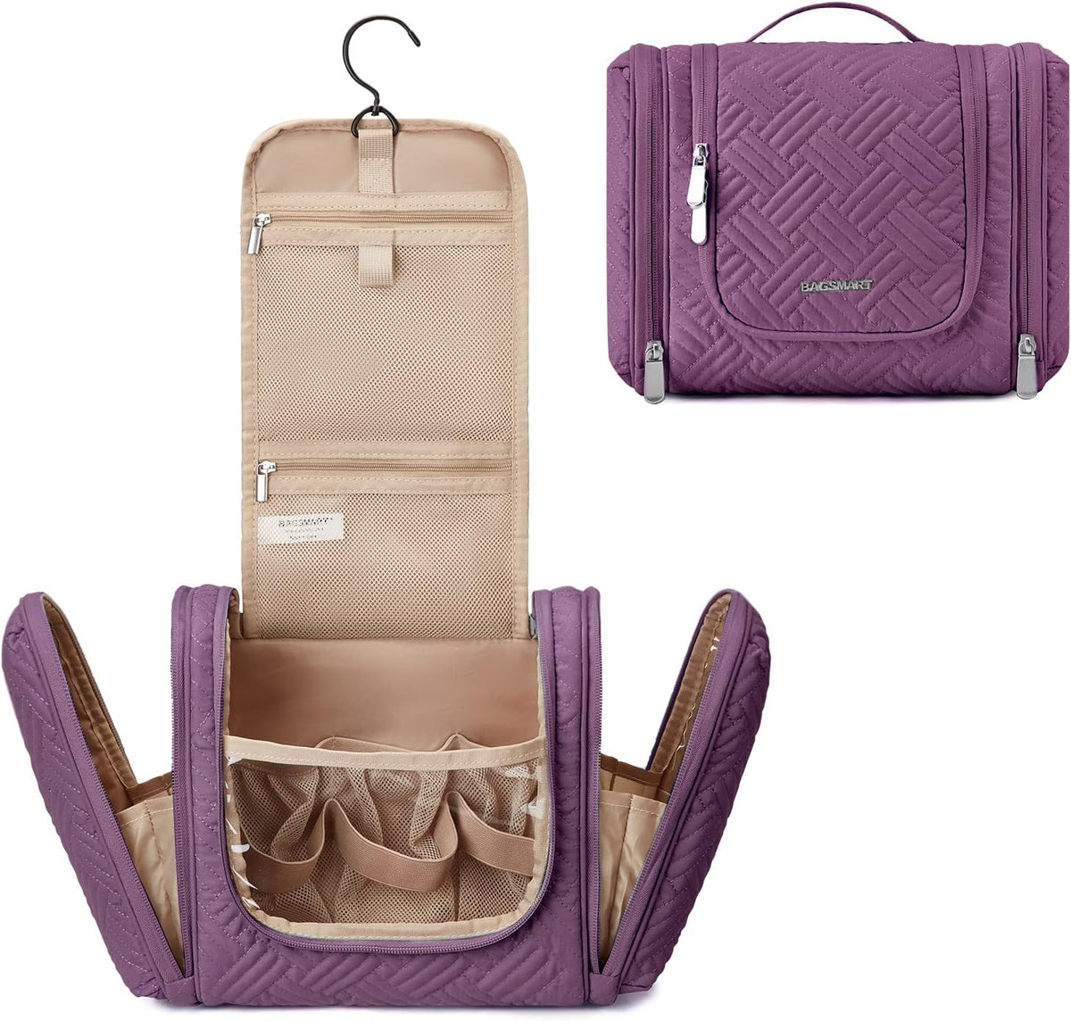Large Travel Toiletry Bag for Women, Hanging Toiletry Bag with Hook, Travel Cosmetic Makeup Bag Travel Organizer for Accessories, Shampoo, Full Sized Container, Toiletries,Purple-Large