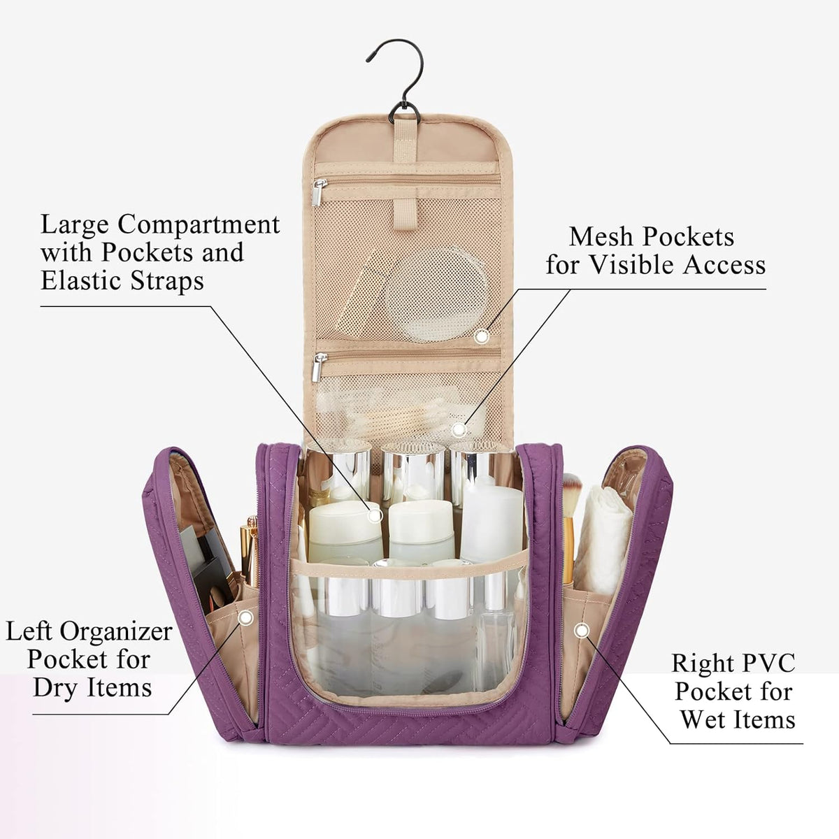 Large Travel Toiletry Bag for Women, Hanging Toiletry Bag with Hook, Travel Cosmetic Makeup Bag Travel Organizer for Accessories, Shampoo, Full Sized Container, Toiletries,Purple-Large