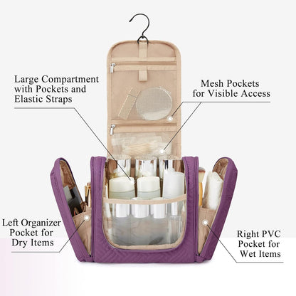 Large Travel Toiletry Bag for Women, Hanging Toiletry Bag with Hook, Travel Cosmetic Makeup Bag Travel Organizer for Accessories, Shampoo, Full Sized Container, Toiletries,Purple-Large