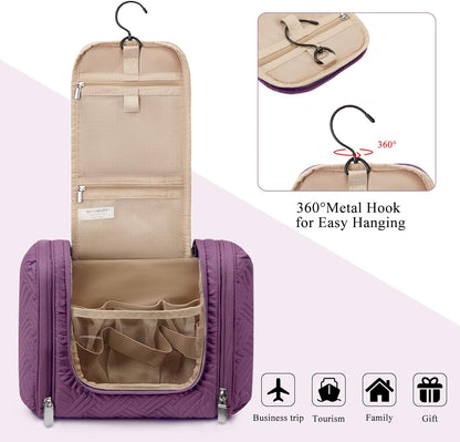 Large Travel Toiletry Bag for Women, Hanging Toiletry Bag with Hook, Travel Cosmetic Makeup Bag Travel Organizer for Accessories, Shampoo, Full Sized Container, Toiletries,Purple-Large