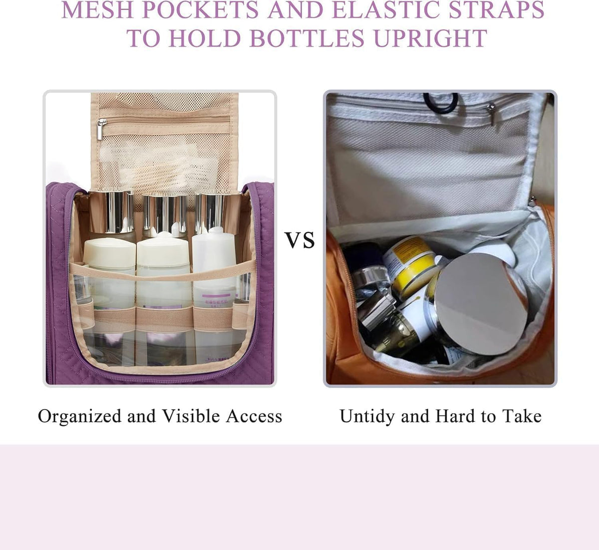 Large Travel Toiletry Bag for Women, Hanging Toiletry Bag with Hook, Travel Cosmetic Makeup Bag Travel Organizer for Accessories, Shampoo, Full Sized Container, Toiletries,Purple-Large