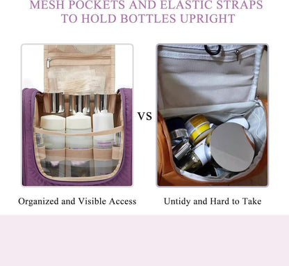Large Travel Toiletry Bag for Women, Hanging Toiletry Bag with Hook, Travel Cosmetic Makeup Bag Travel Organizer for Accessories, Shampoo, Full Sized Container, Toiletries,Purple-Large