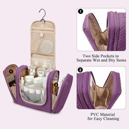Large Travel Toiletry Bag for Women, Hanging Toiletry Bag with Hook, Travel Cosmetic Makeup Bag Travel Organizer for Accessories, Shampoo, Full Sized Container, Toiletries,Purple-Large