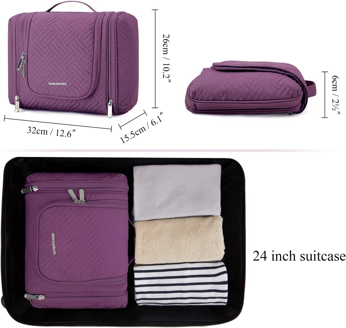 Large Travel Toiletry Bag for Women, Hanging Toiletry Bag with Hook, Travel Cosmetic Makeup Bag Travel Organizer for Accessories, Shampoo, Full Sized Container, Toiletries,Purple-Large