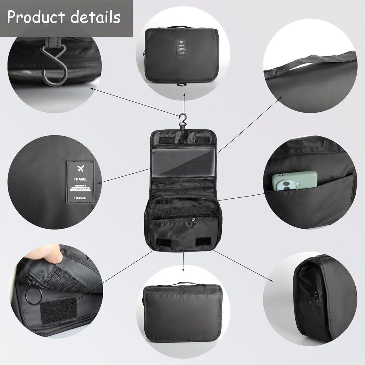 Foldable Hanging Travel Toiletry Bag,Waterproof Portable Travel Bags, Multifunction Travel Makeup Cosmetic Bag Organizer with Hanging Hook (Black)