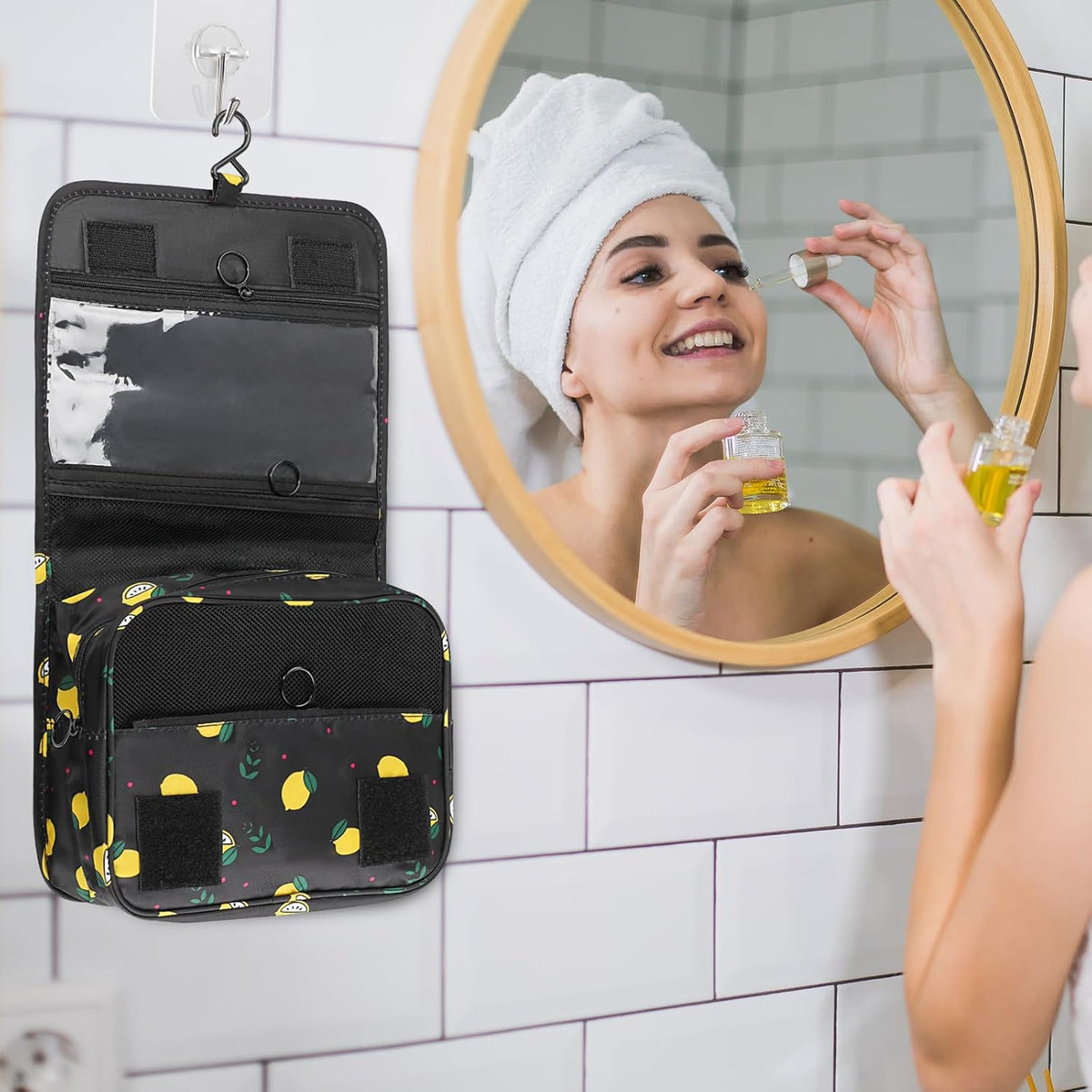 Foldable Hanging Travel Toiletry Bag,Waterproof Portable Travel Bags, Multifunction Travel Makeup Cosmetic Bag Organizer with Hanging Hook (Black)
