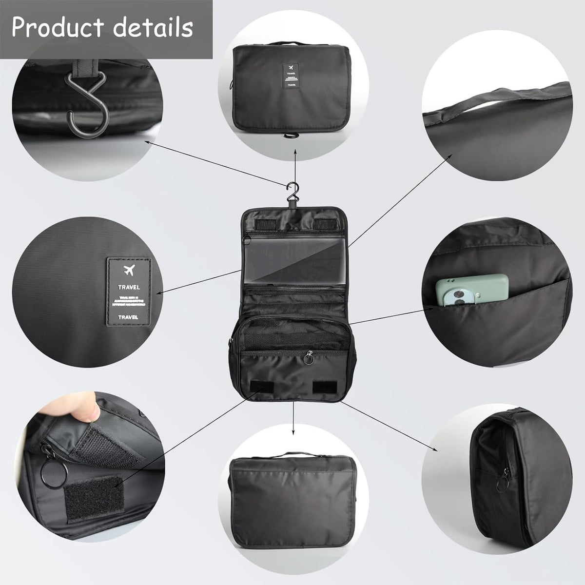 Foldable Hanging Travel Toiletry Bag,Waterproof Portable Travel Bags, Multifunction Travel Makeup Cosmetic Bag Organizer with Hanging Hook (Black)