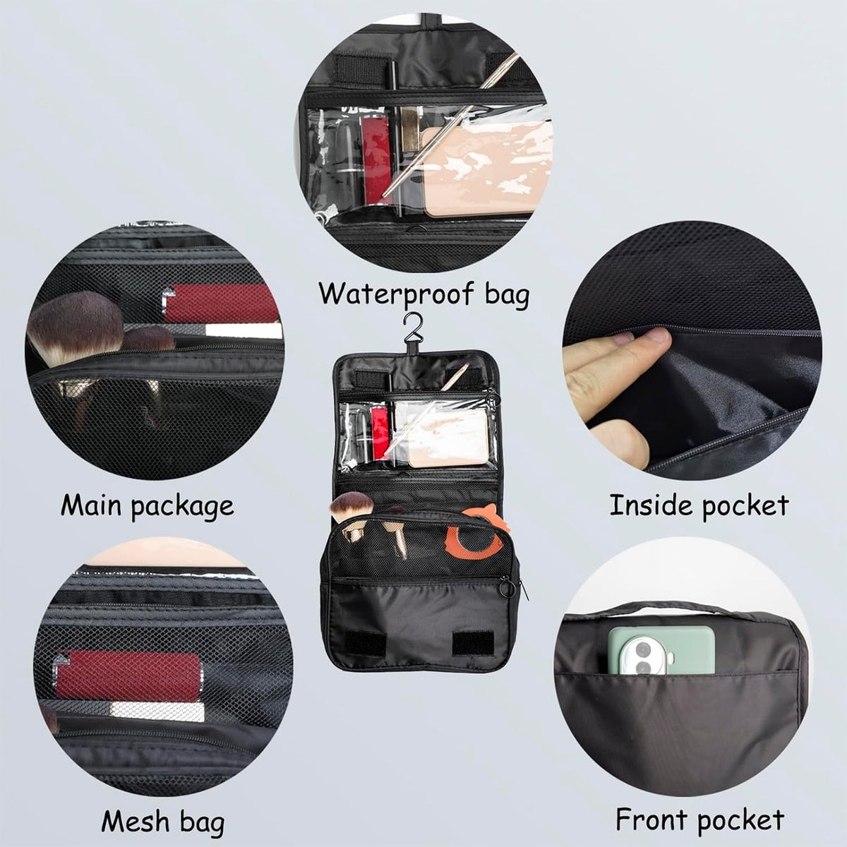 Foldable Hanging Travel Toiletry Bag,Waterproof Portable Travel Bags, Multifunction Travel Makeup Cosmetic Bag Organizer with Hanging Hook (Black)