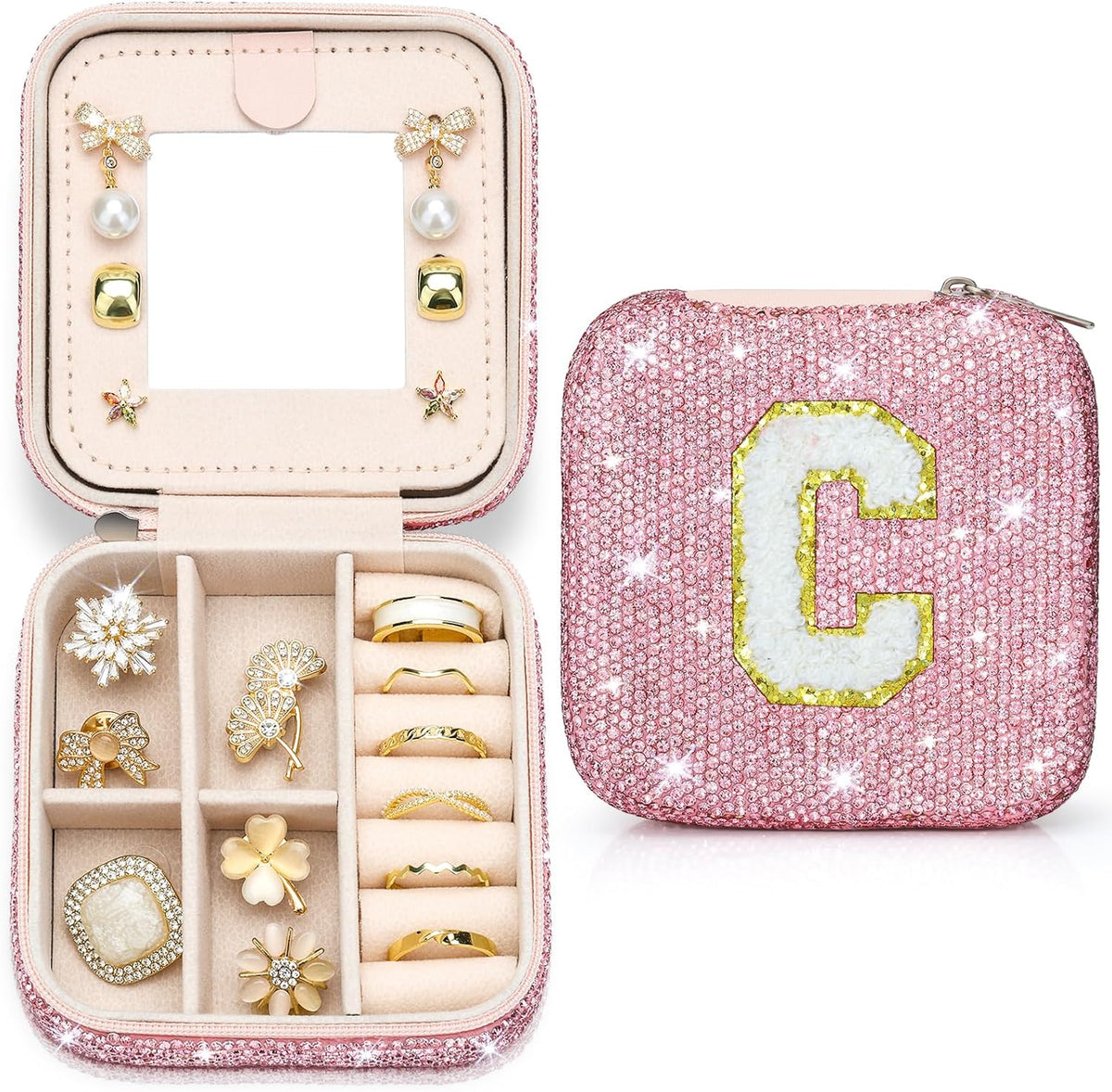 Bling Crystal Travel Jewelry Case, C Initial Jewelry Box for Women Girls, Portable Small Jewelry Organizer for Necklace Earrings Rings - Letter C, Pink