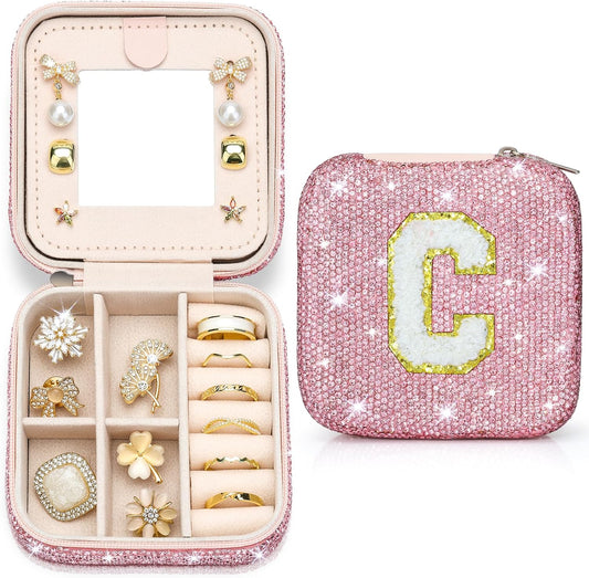 Bling Crystal Travel Jewelry Case, C Initial Jewelry Box for Women Girls, Portable Small Jewelry Organizer for Necklace Earrings Rings - Letter C, Pink