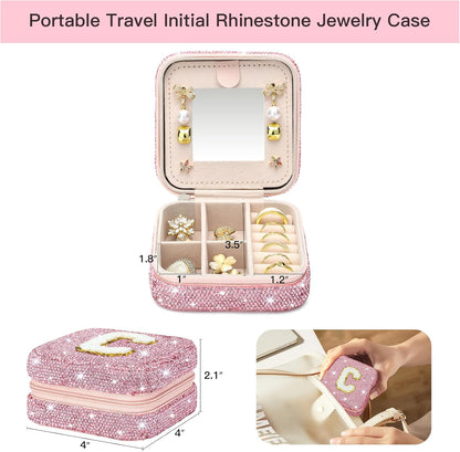 Bling Crystal Travel Jewelry Case, C Initial Jewelry Box for Women Girls, Portable Small Jewelry Organizer for Necklace Earrings Rings - Letter C, Pink