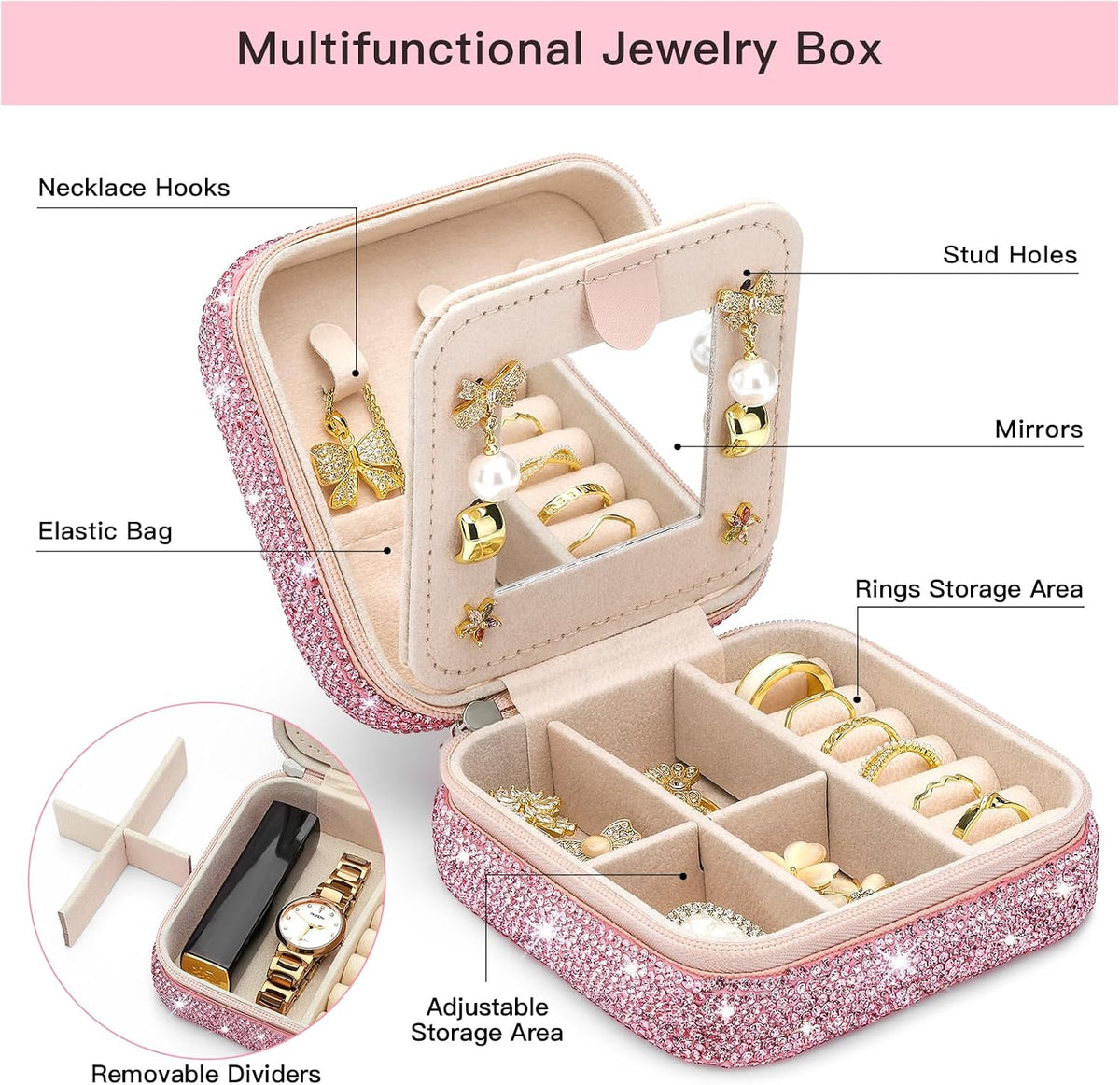 Bling Crystal Travel Jewelry Case, C Initial Jewelry Box for Women Girls, Portable Small Jewelry Organizer for Necklace Earrings Rings - Letter C, Pink