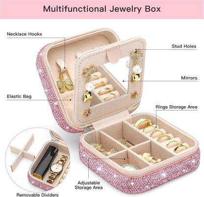 Bling Crystal Travel Jewelry Case, C Initial Jewelry Box for Women Girls, Portable Small Jewelry Organizer for Necklace Earrings Rings - Letter C, Pink