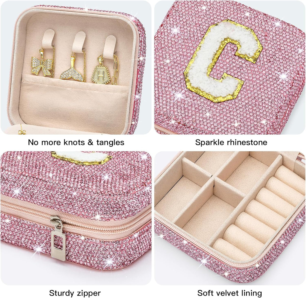 Bling Crystal Travel Jewelry Case, C Initial Jewelry Box for Women Girls, Portable Small Jewelry Organizer for Necklace Earrings Rings - Letter C, Pink
