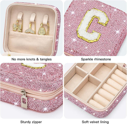 Bling Crystal Travel Jewelry Case, C Initial Jewelry Box for Women Girls, Portable Small Jewelry Organizer for Necklace Earrings Rings - Letter C, Pink