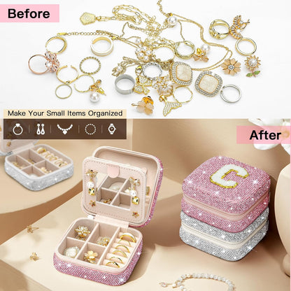 Bling Crystal Travel Jewelry Case, C Initial Jewelry Box for Women Girls, Portable Small Jewelry Organizer for Necklace Earrings Rings - Letter C, Pink