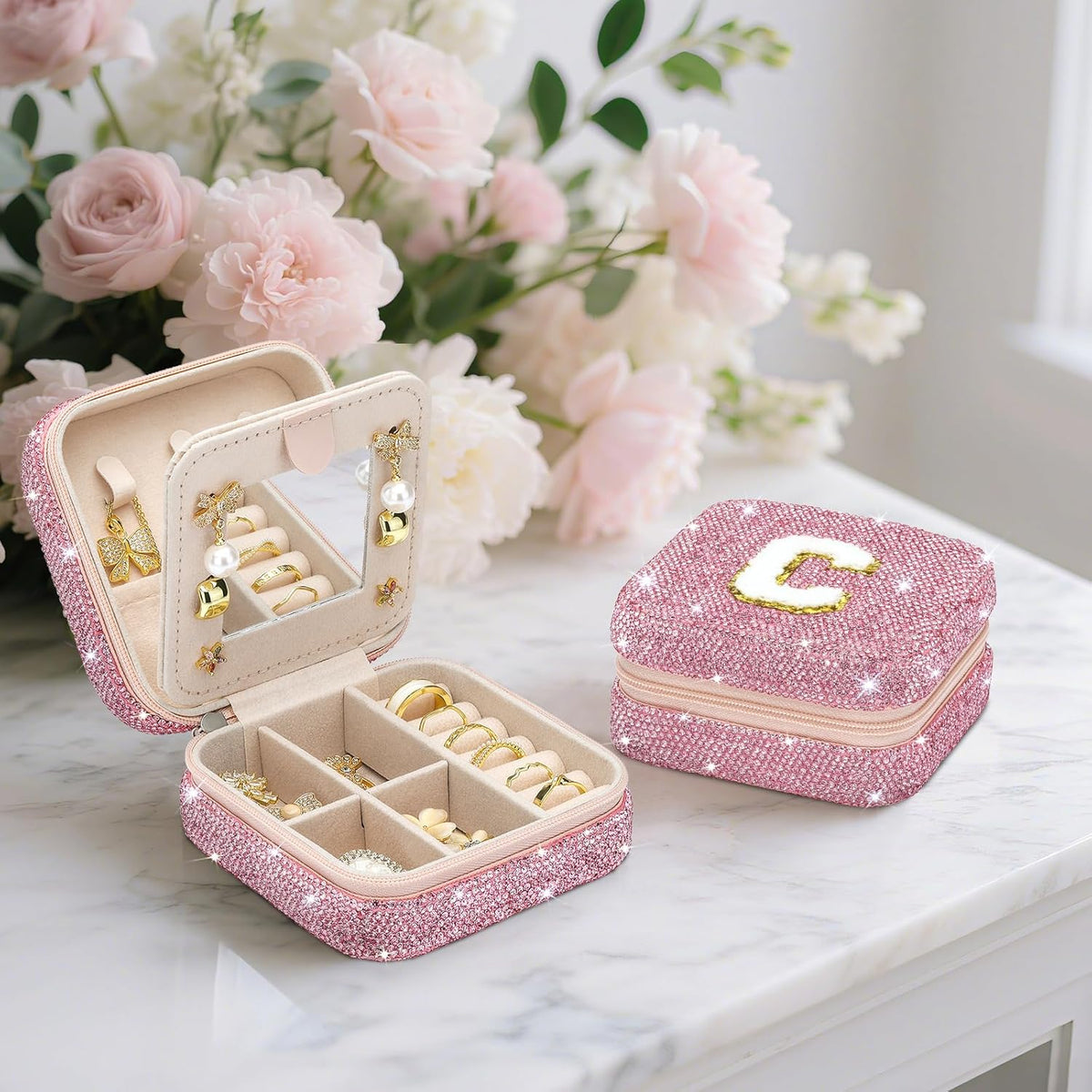 Bling Crystal Travel Jewelry Case, C Initial Jewelry Box for Women Girls, Portable Small Jewelry Organizer for Necklace Earrings Rings - Letter C, Pink