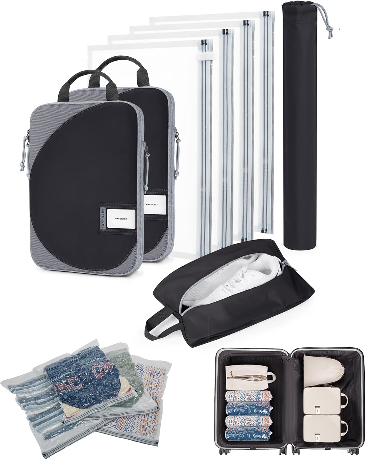 8 Pcs Compression Packing Cubes, Travel Packing Cubes with 4 Pack Vacuum Storage Bags for Women, Travel Essentials, Hand-rolled Space Saver Bags, Black