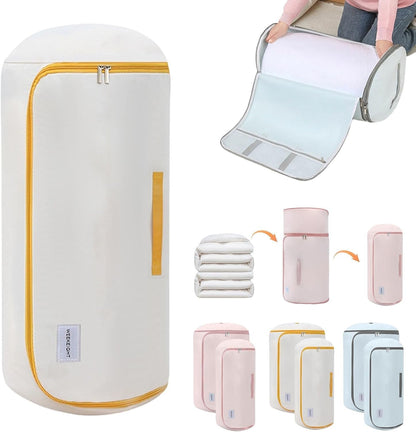 Ultra Space Saving Roll Up Self Compression Organizer, Compression Organizers Storage Bag, Large Capacity Cylindrical Washable for Clothes, for Home Travel Storage Holds (Pink, Large)