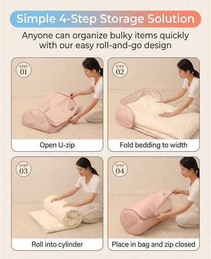 Ultra Space Saving Roll Up Self Compression Organizer, Compression Organizers Storage Bag, Large Capacity Cylindrical Washable for Clothes, for Home Travel Storage Holds (Pink, Large)