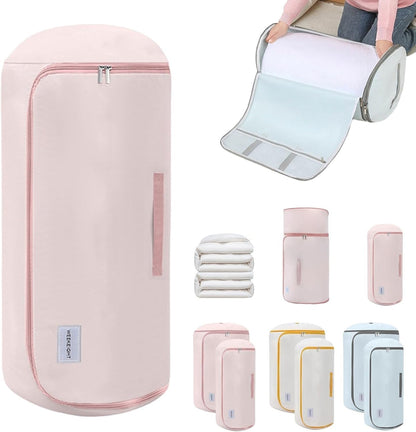 Ultra Space Saving Roll Up Self Compression Organizer, Compression Organizers Storage Bag, Large Capacity Cylindrical Washable for Clothes, for Home Travel Storage Holds (Pink, Large)