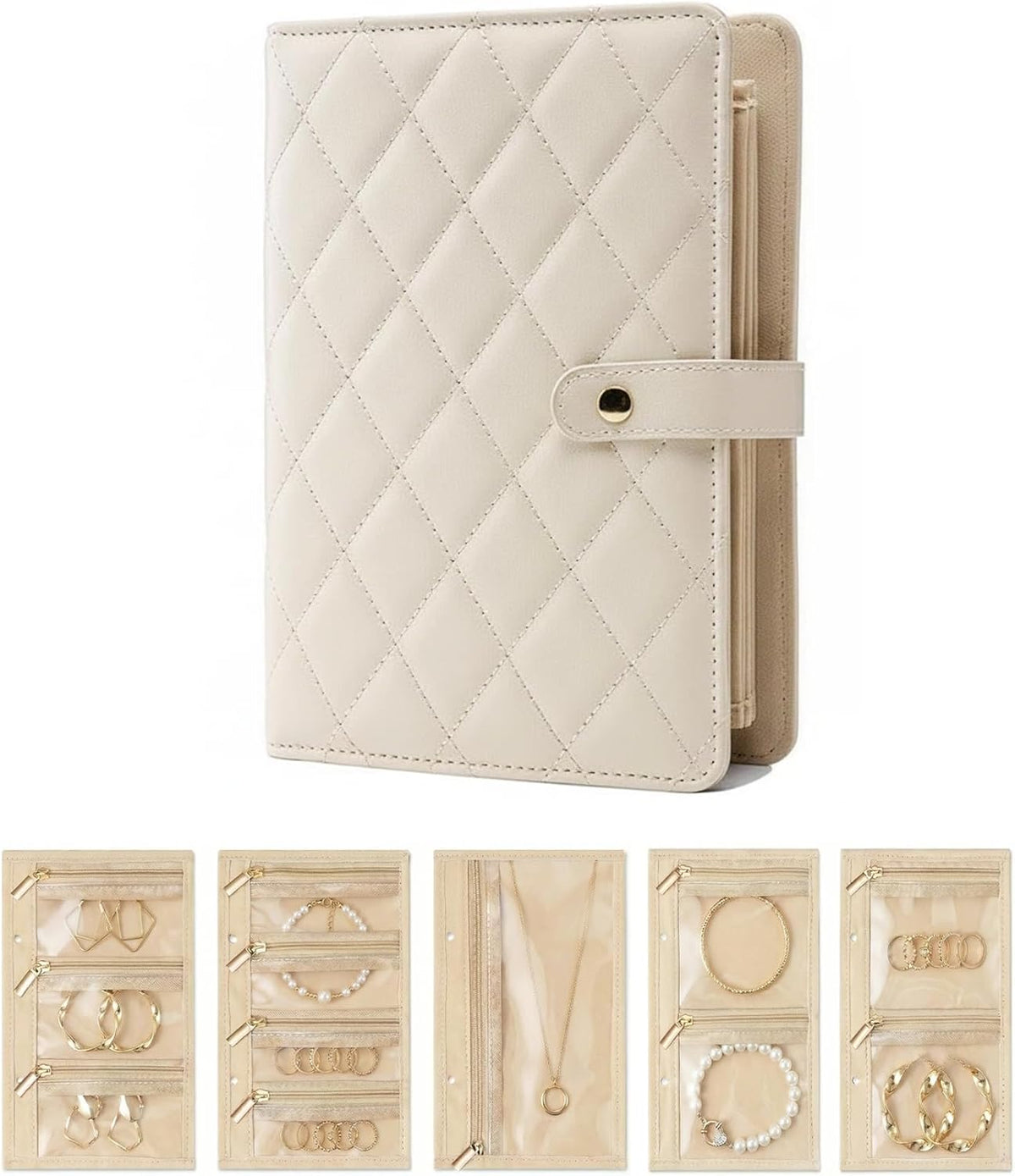 Travel Jewelry Organizer Case, Compact Jewelry Storage Bags Book Binder with 5 Clear Zipper, Earring Necklace Roll up Organizer Velvet Pouch for Traveling(Beige)