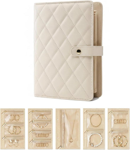 Travel Jewelry Organizer Case, Compact Jewelry Storage Bags Book Binder with 5 Clear Zipper, Earring Necklace Roll up Organizer Velvet Pouch for Traveling(Beige)