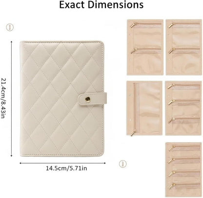 Travel Jewelry Organizer Case, Compact Jewelry Storage Bags Book Binder with 5 Clear Zipper, Earring Necklace Roll up Organizer Velvet Pouch for Traveling(Beige)