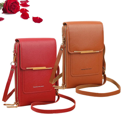 Women's Touch Screen Mobile Phone Messenger Bag Key Change Bag, 2‑in‑1 Anti-Theft Leather Bag for Women