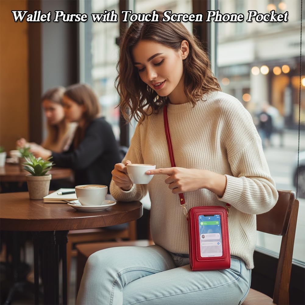 Women's Touch Screen Mobile Phone Messenger Bag Key Change Bag, 2‑in‑1 Anti-Theft Leather Bag for Women