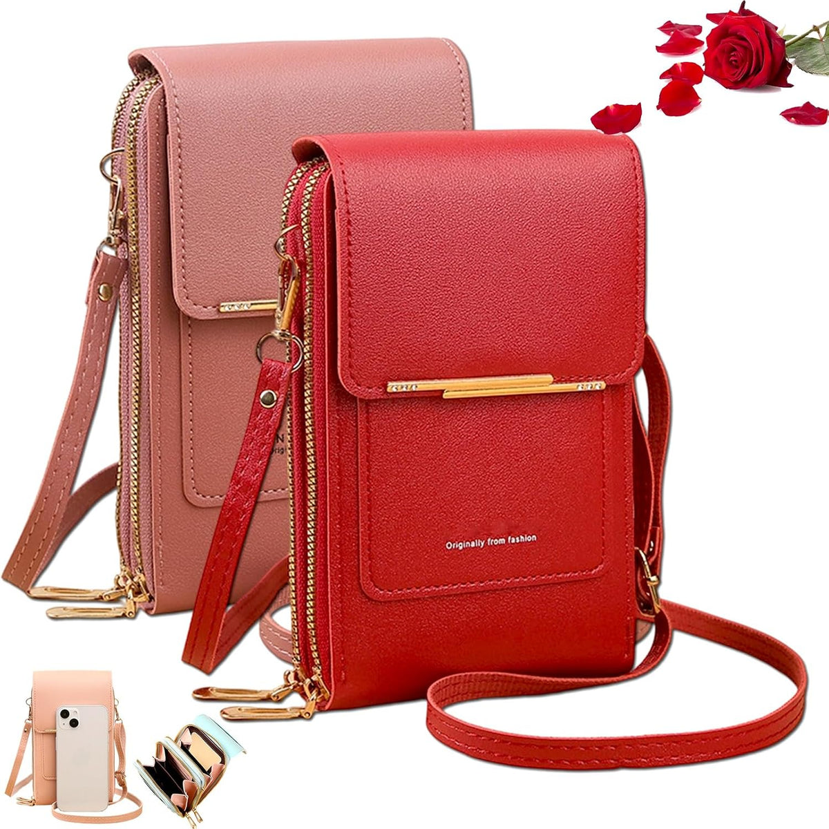 Women's Touch Screen Mobile Phone Messenger Bag Key Change Bag, 2‑in‑1 Anti-Theft Leather Bag for Women