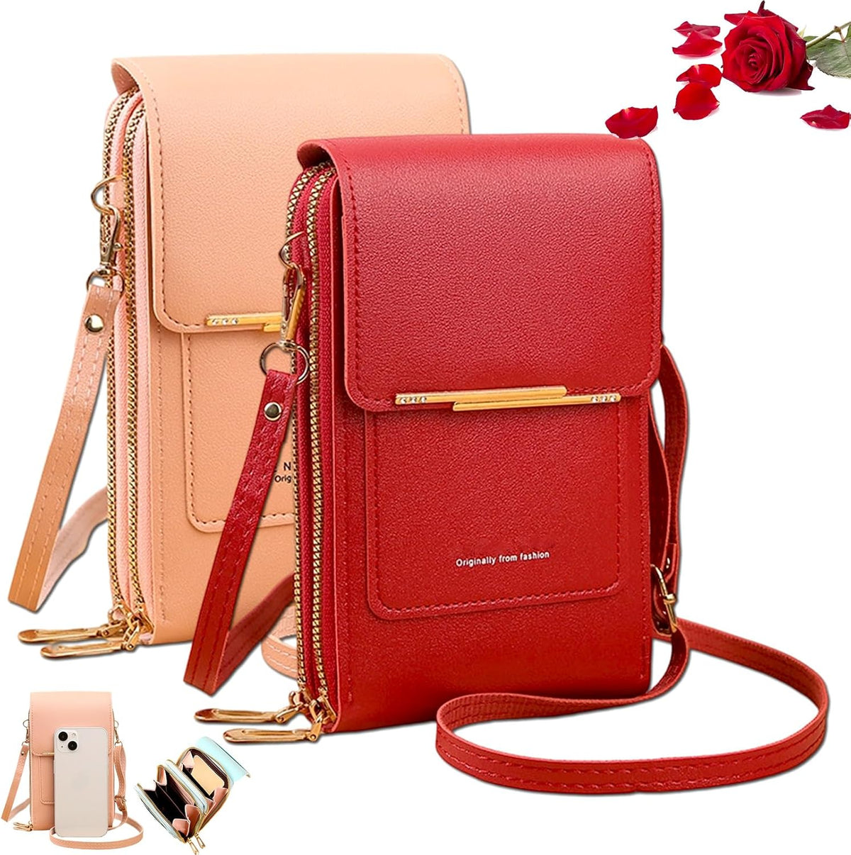 Women's Touch Screen Mobile Phone Messenger Bag Key Change Bag, 2‑in‑1 Anti-Theft Leather Bag for Women
