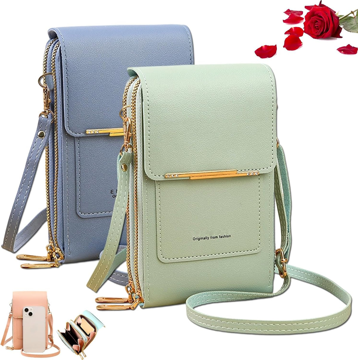 Women's Touch Screen Mobile Phone Messenger Bag Key Change Bag, 2‑in‑1 Anti-Theft Leather Bag for Women