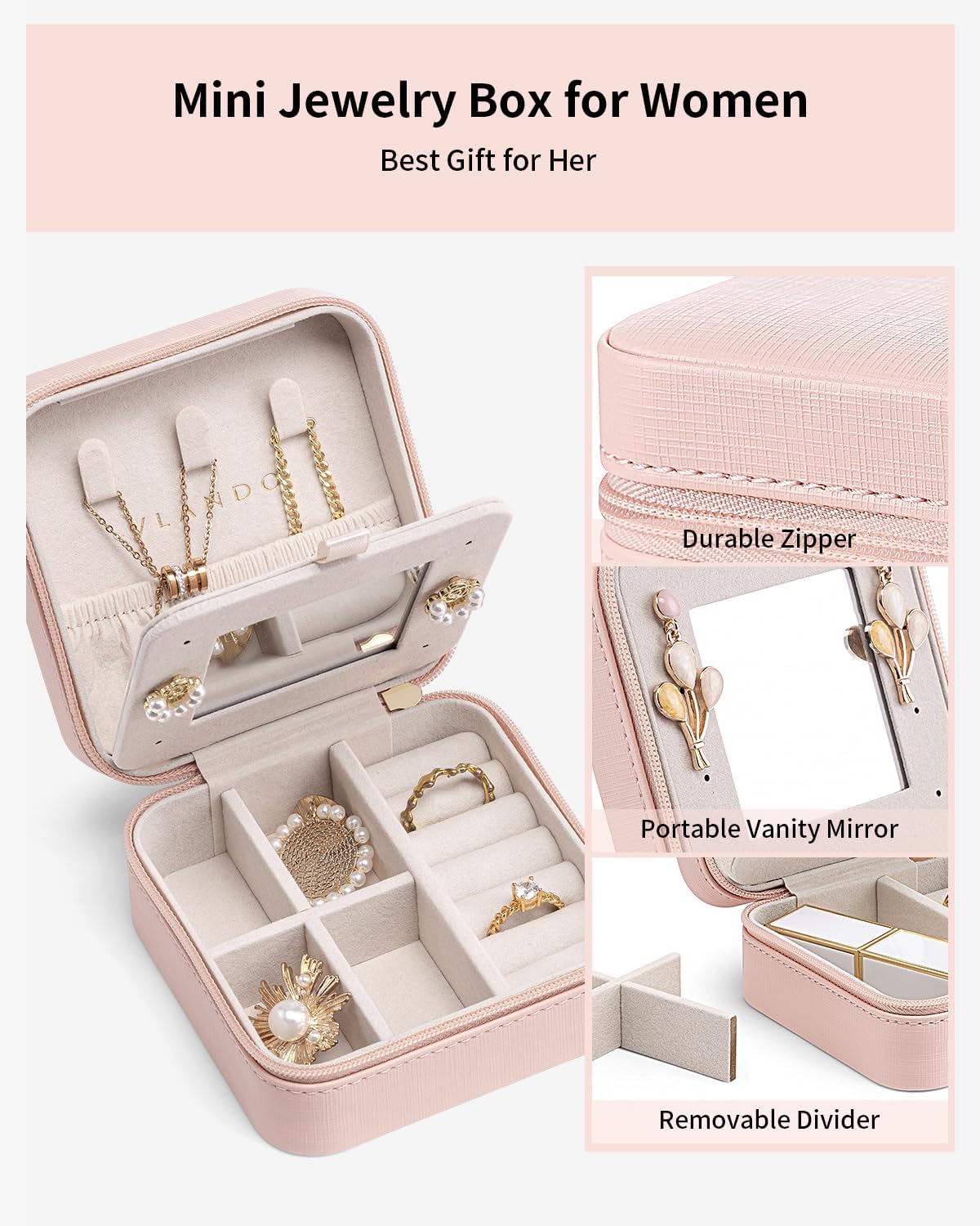 Travel Jewelry Case, Mothers Day Mom Gifts, Small Jewelry Travel Organizer Box for Girls Women with Mirror Black
