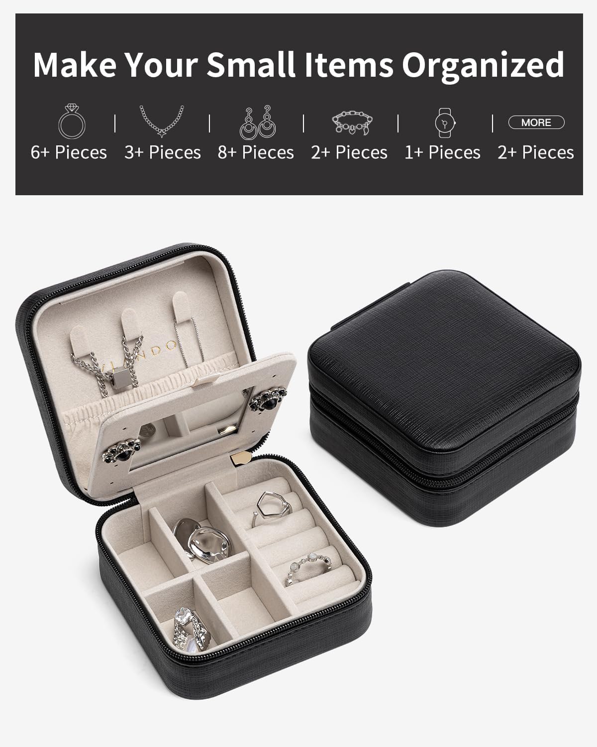 Travel Jewelry Case, Mothers Day Mom Gifts, Small Jewelry Travel Organizer Box for Girls Women with Mirror Black