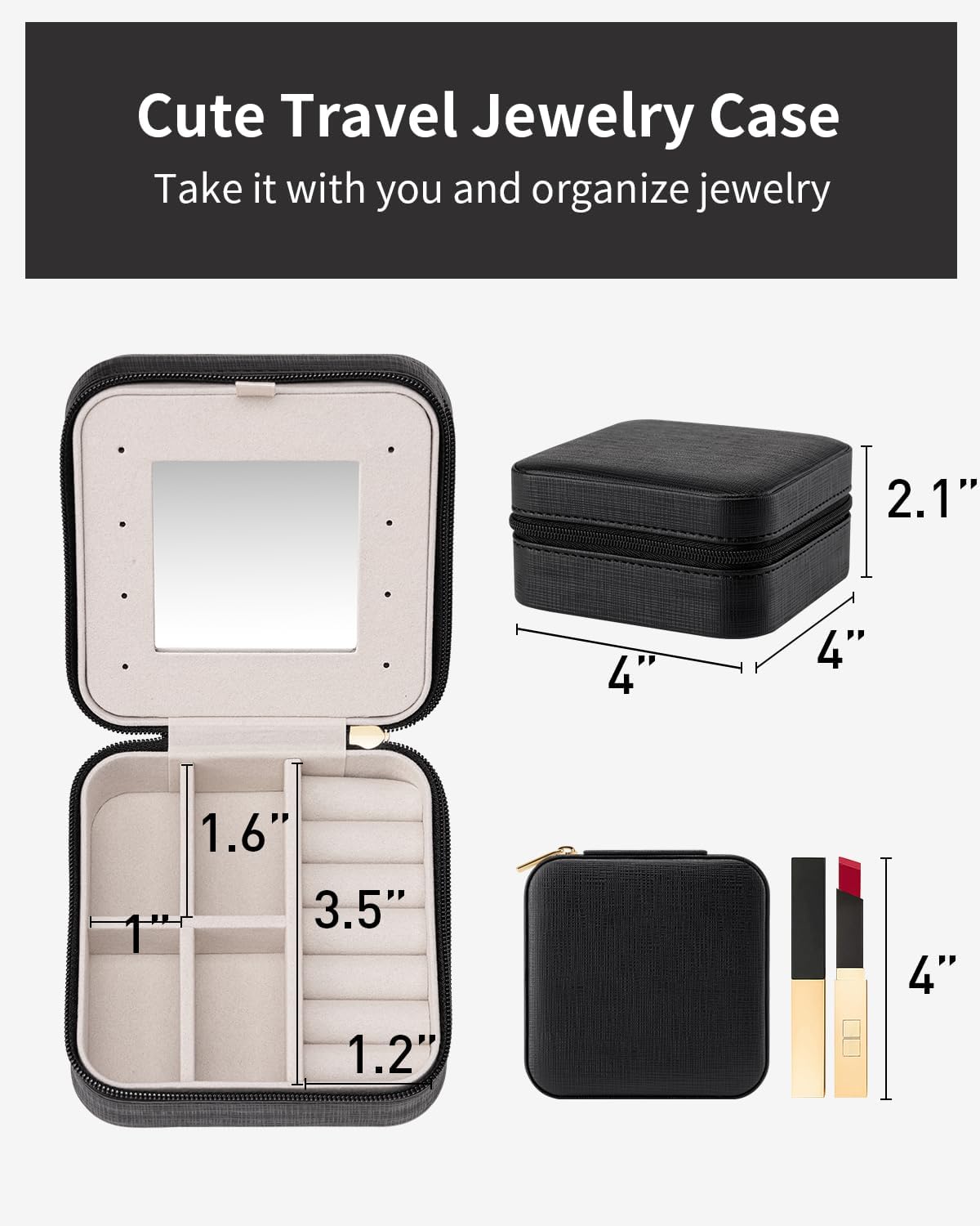 Travel Jewelry Case, Mothers Day Mom Gifts, Small Jewelry Travel Organizer Box for Girls Women with Mirror Black