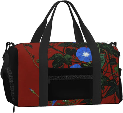 Red Green Flower Duffel Bag with Shoe Compartment-Sports Gym Weekender for Men Women, Waterproof Travel Tote with Wet Pocket for Dirty Shoes