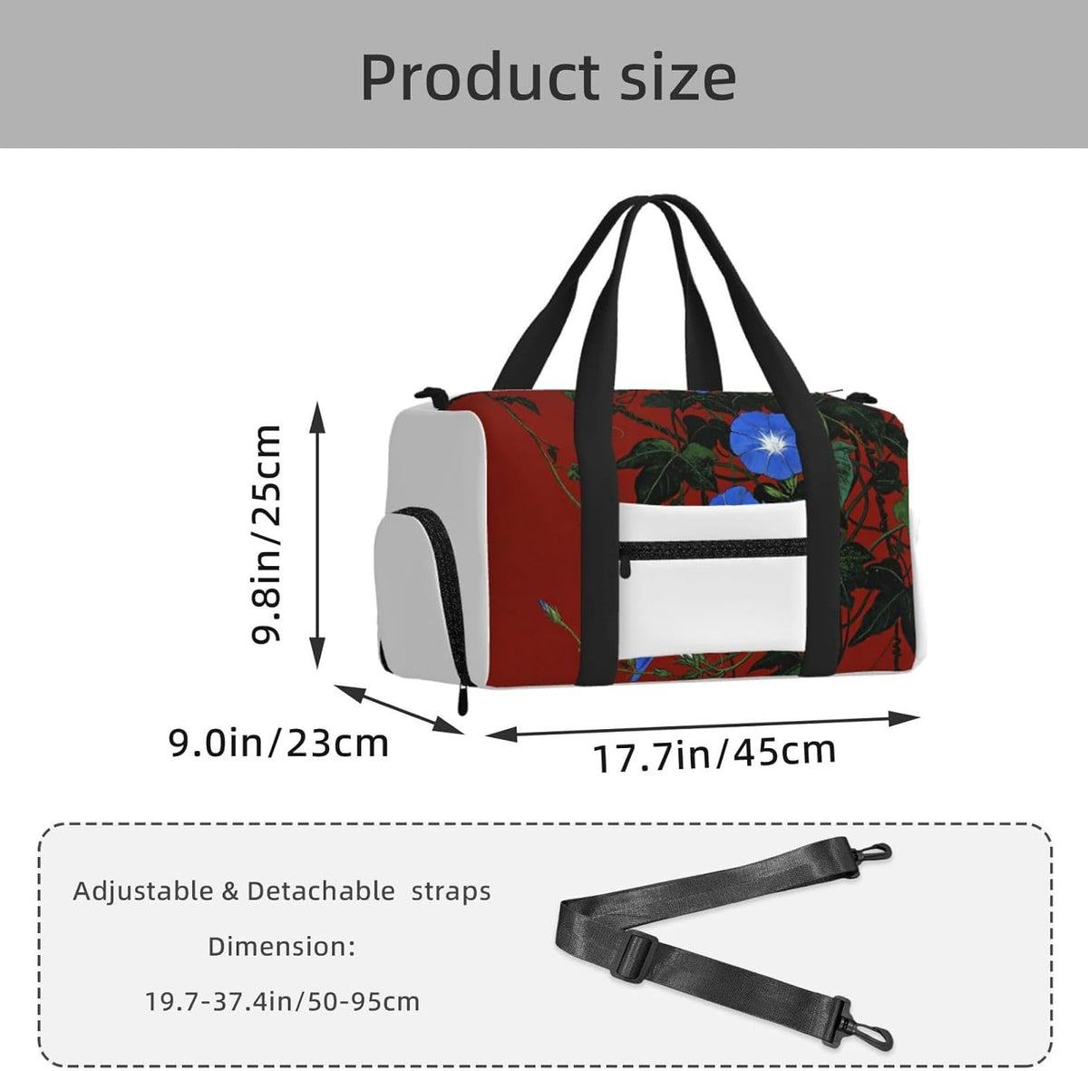 Red Green Flower Duffel Bag with Shoe Compartment-Sports Gym Weekender for Men Women, Waterproof Travel Tote with Wet Pocket for Dirty Shoes