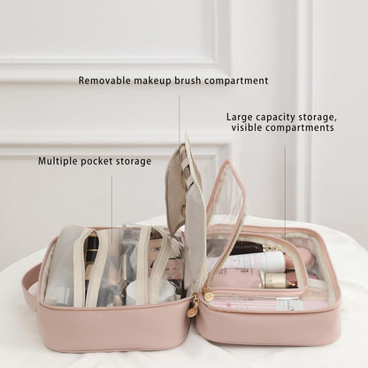Travel Toiletry Bag for Women, Makeup Bag& Cases, Waterproof Makeup Organizer Cosmetic Bag with Compartments,Portable Make Up Bag for Travel Size Toiletries,Skincare,Brushes Set,Black
