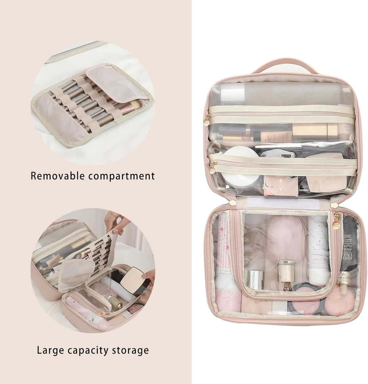 Travel Toiletry Bag for Women, Makeup Bag& Cases, Waterproof Makeup Organizer Cosmetic Bag with Compartments,Portable Make Up Bag for Travel Size Toiletries,Skincare,Brushes Set,Black