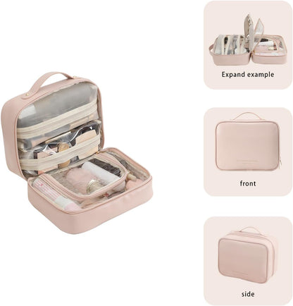 Travel Toiletry Bag for Women, Makeup Bag& Cases, Waterproof Makeup Organizer Cosmetic Bag with Compartments,Portable Make Up Bag for Travel Size Toiletries,Skincare,Brushes Set,Black