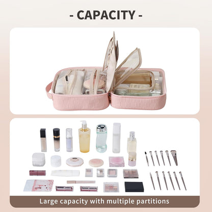 Travel Toiletry Bag for Women, Makeup Bag& Cases, Waterproof Makeup Organizer Cosmetic Bag with Compartments,Portable Make Up Bag for Travel Size Toiletries,Skincare,Brushes Set,Black