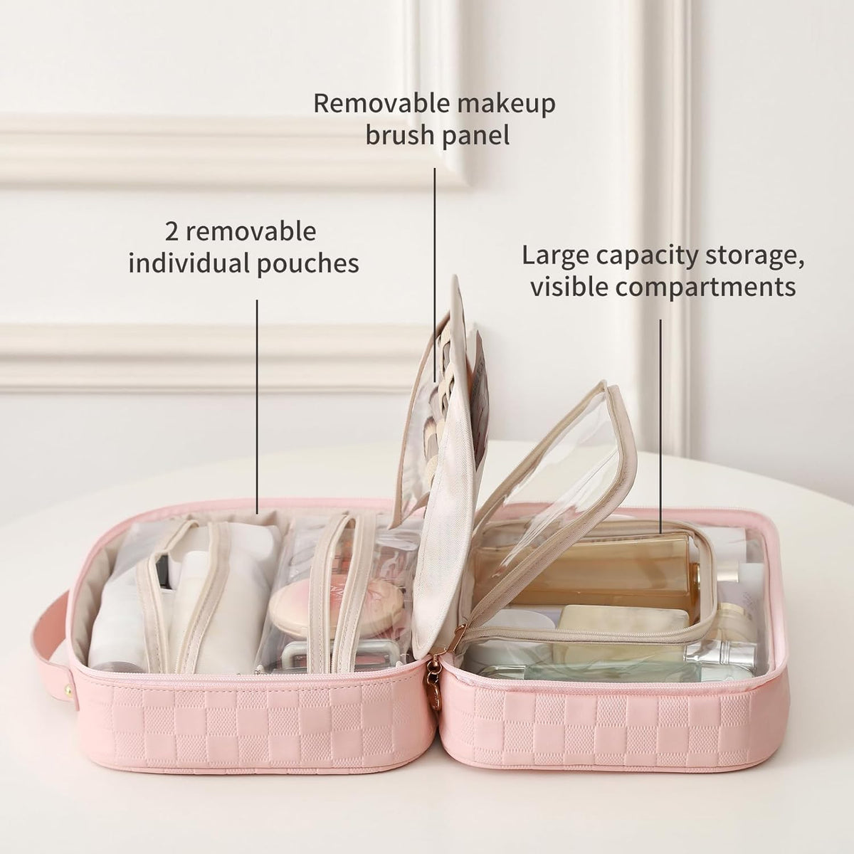Travel Toiletry Bag for Women, Makeup Bag& Cases, Waterproof Makeup Organizer Cosmetic Bag with Compartments,Portable Make Up Bag for Travel Size Toiletries,Skincare,Brushes Set,Black