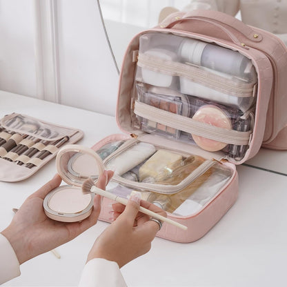 Travel Toiletry Bag for Women, Makeup Bag& Cases, Waterproof Makeup Organizer Cosmetic Bag with Compartments,Portable Make Up Bag for Travel Size Toiletries,Skincare,Brushes Set,Black