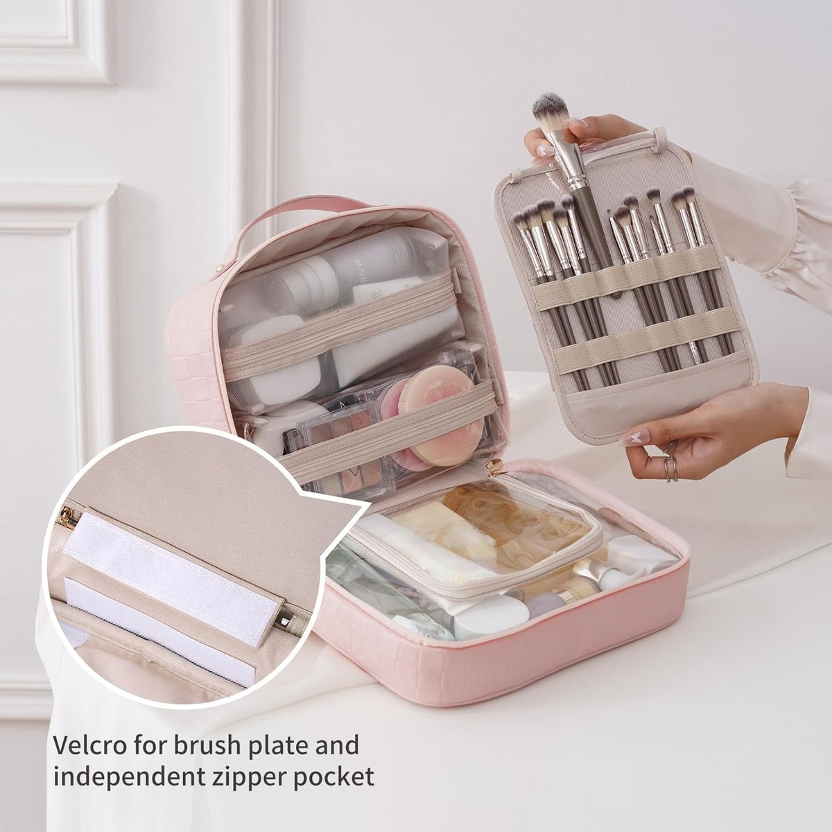 Travel Toiletry Bag for Women, Makeup Bag& Cases, Waterproof Makeup Organizer Cosmetic Bag with Compartments,Portable Make Up Bag for Travel Size Toiletries,Skincare,Brushes Set,Black