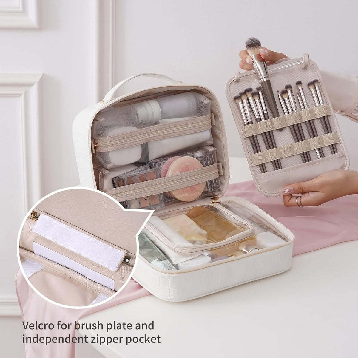 Travel Toiletry Bag for Women, Makeup Bag& Cases, Waterproof Makeup Organizer Cosmetic Bag with Compartments,Portable Make Up Bag for Travel Size Toiletries,Skincare,Brushes Set,Black