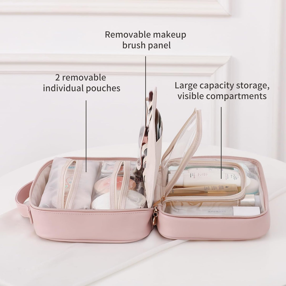 Travel Toiletry Bag for Women, Makeup Bag& Cases, Waterproof Makeup Organizer Cosmetic Bag with Compartments,Portable Make Up Bag for Travel Size Toiletries,Skincare,Brushes Set,Black