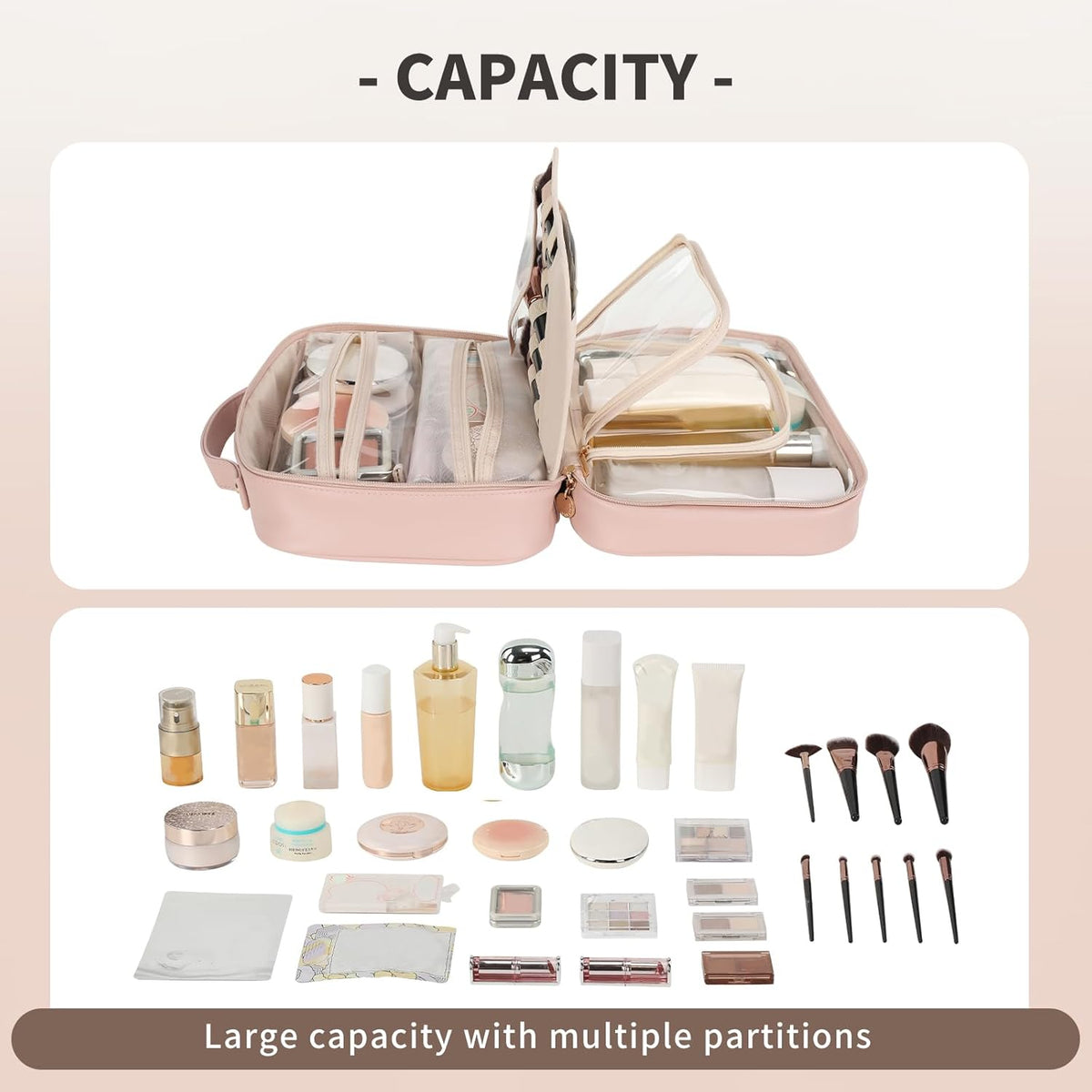 Travel Toiletry Bag for Women, Makeup Bag& Cases, Waterproof Makeup Organizer Cosmetic Bag with Compartments,Portable Make Up Bag for Travel Size Toiletries,Skincare,Brushes Set,Black