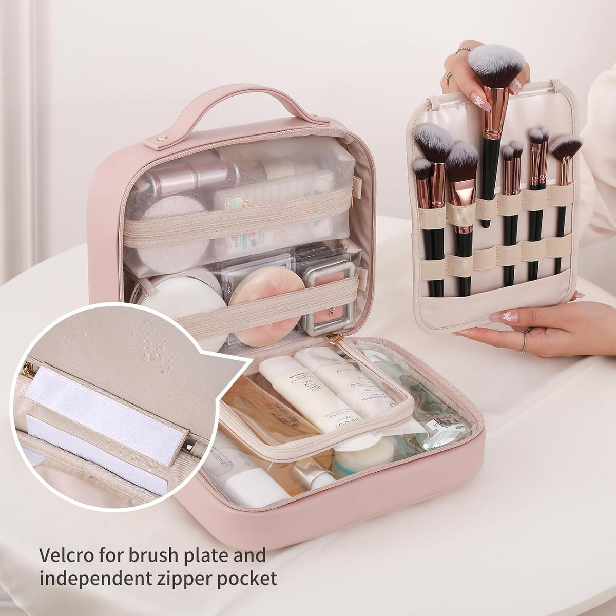 Travel Toiletry Bag for Women, Makeup Bag& Cases, Waterproof Makeup Organizer Cosmetic Bag with Compartments,Portable Make Up Bag for Travel Size Toiletries,Skincare,Brushes Set,Black