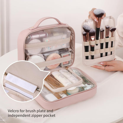 Travel Toiletry Bag for Women, Makeup Bag& Cases, Waterproof Makeup Organizer Cosmetic Bag with Compartments,Portable Make Up Bag for Travel Size Toiletries,Skincare,Brushes Set,Black
